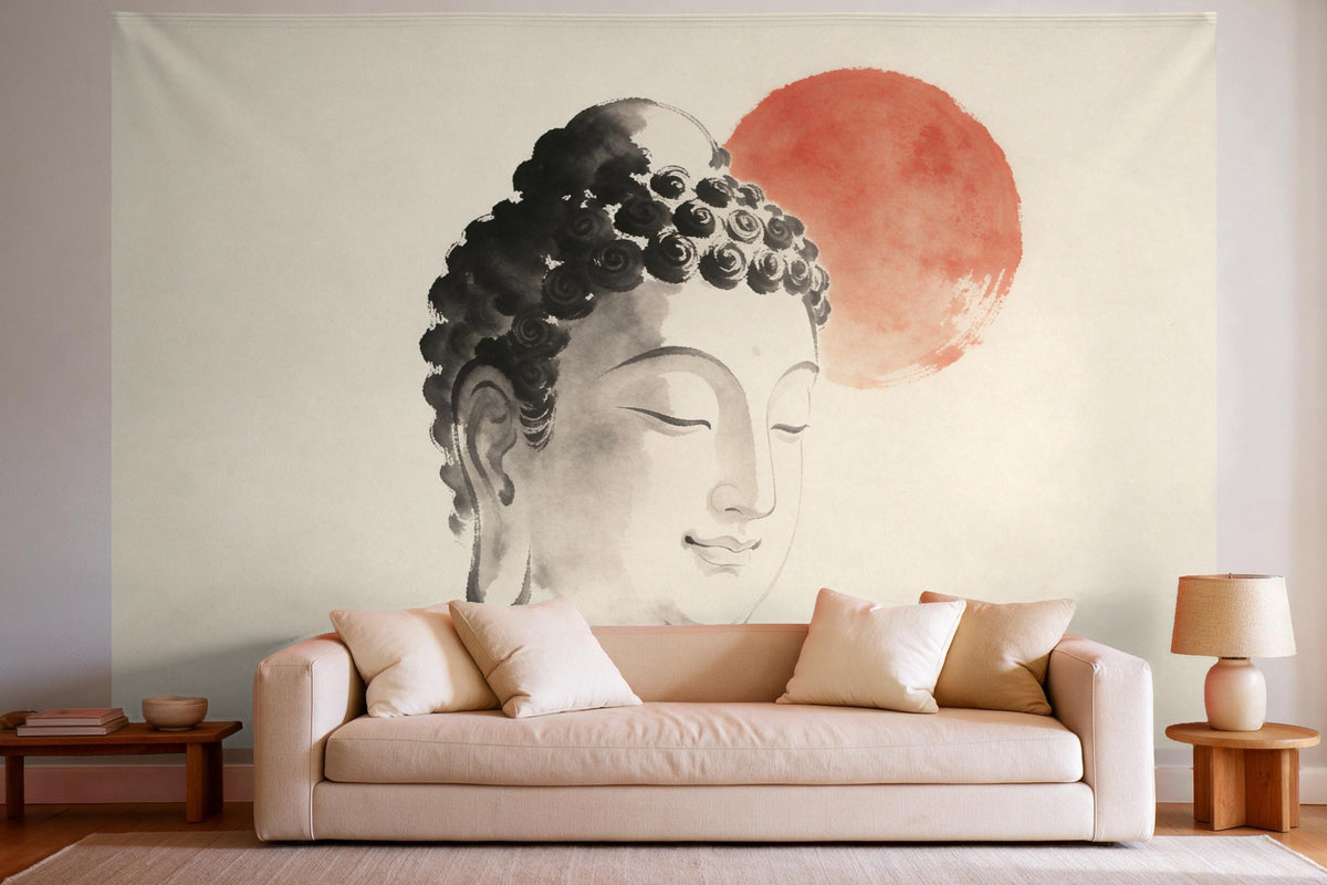 Déco murale dans un salon lumineux au-dessus du canapé : tenture murale Tête de Bouddha à l'encre, imprimée sur tissu