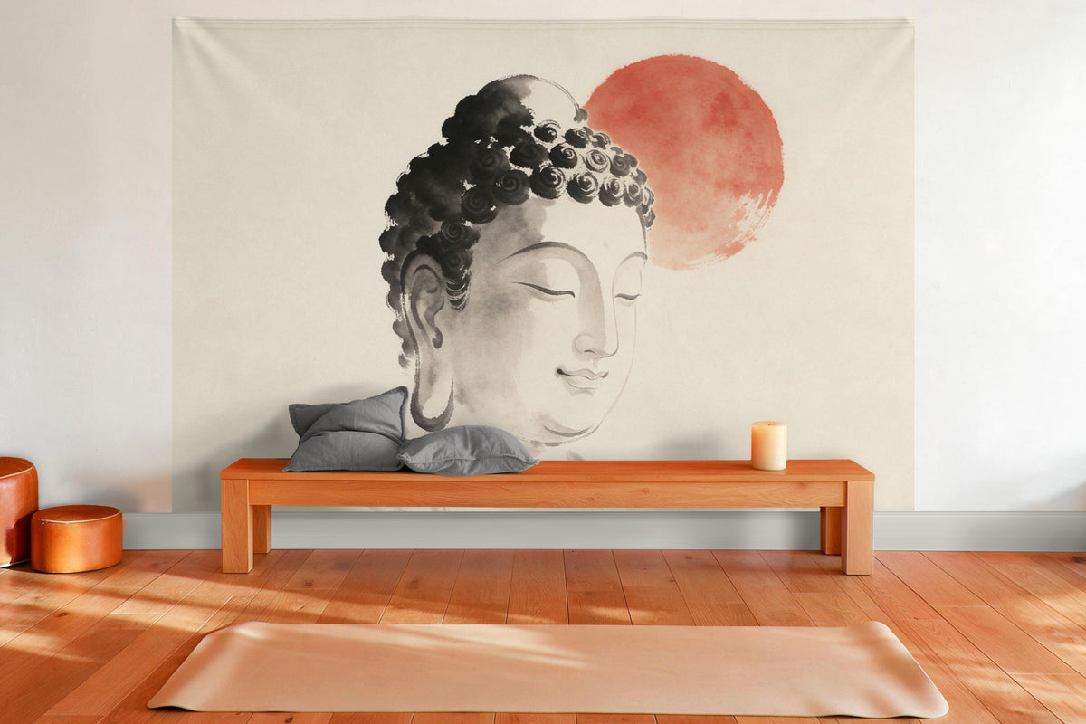 Tenture murale XXL Tête de Bouddha à l'encre en déco murale dans une salle de yoga