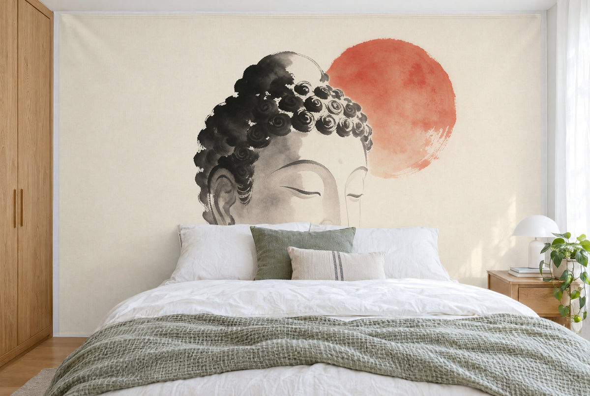 Grande tenture murale Tête de Bouddha à l'encre dans la chambre, sur tout le mur derrière le lit – tapisserie en tissu