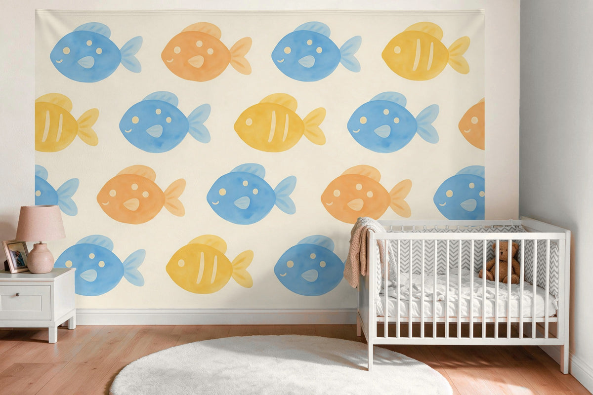 Tapiz de pared XXL Peces de colores como estampado como decoración en la habitación del bebé sobre la cuna