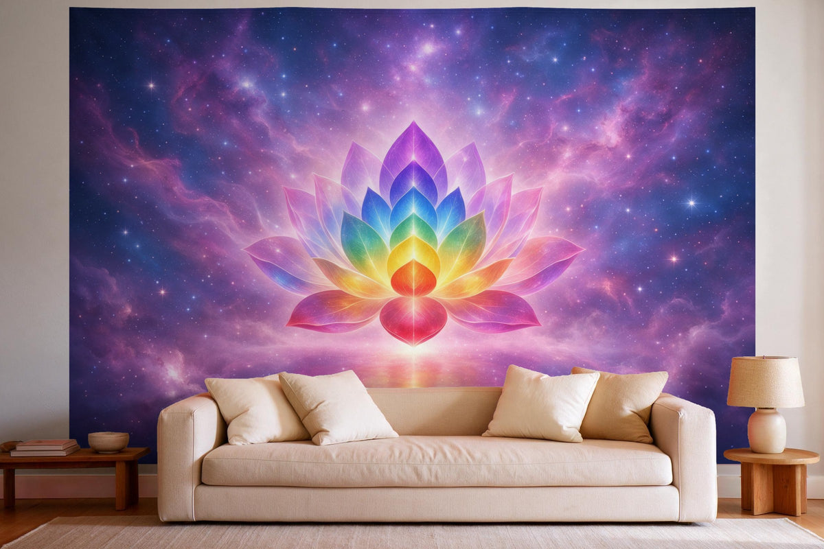 Decoración de pared en un salón luminoso sobre el sofá: tapiz de tela Loto de chakras en el cosmos