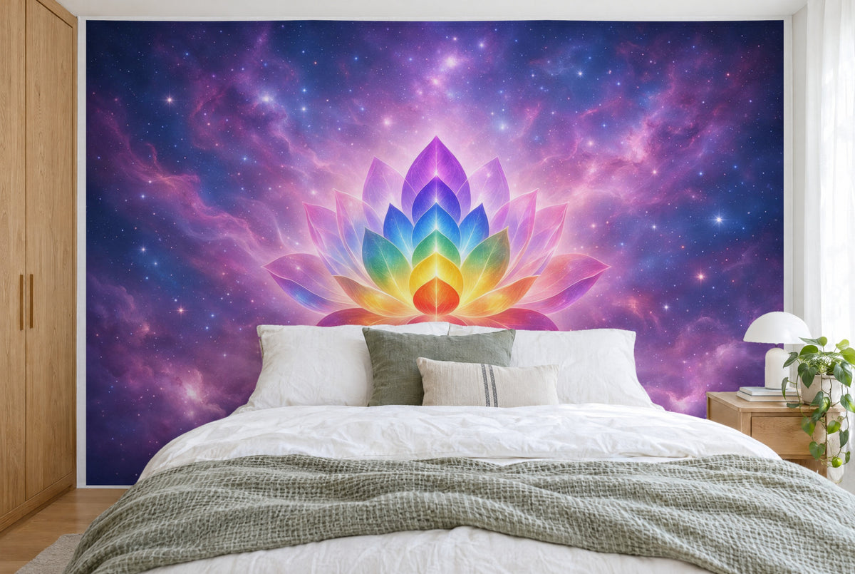 Tapiz de pared grande Loto de chakras en el cosmos en el dormitorio, cubriendo la pared detrás de la cama – tela impresa