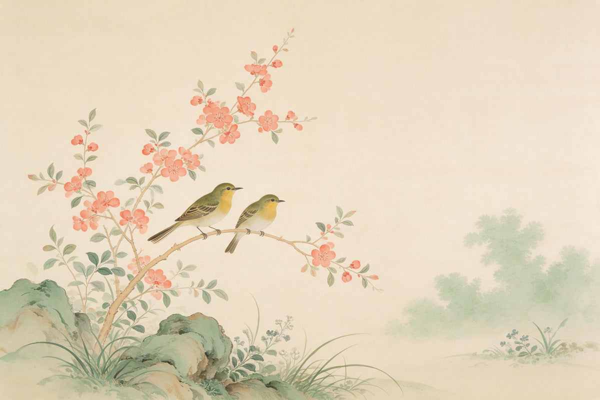 Jardín chinoiserie con dos pájaros cantores en rama rosa, tapiz impreso en tela – verde y rosa