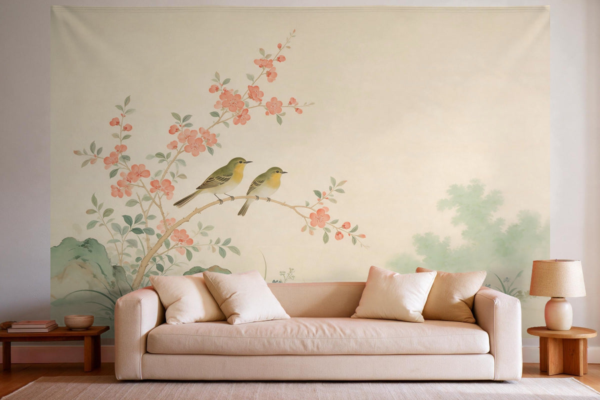 Tenture murale XXL Jardin chinoiserie avec oiseaux en déco murale dans un salon lumineux au-dessus du canapé