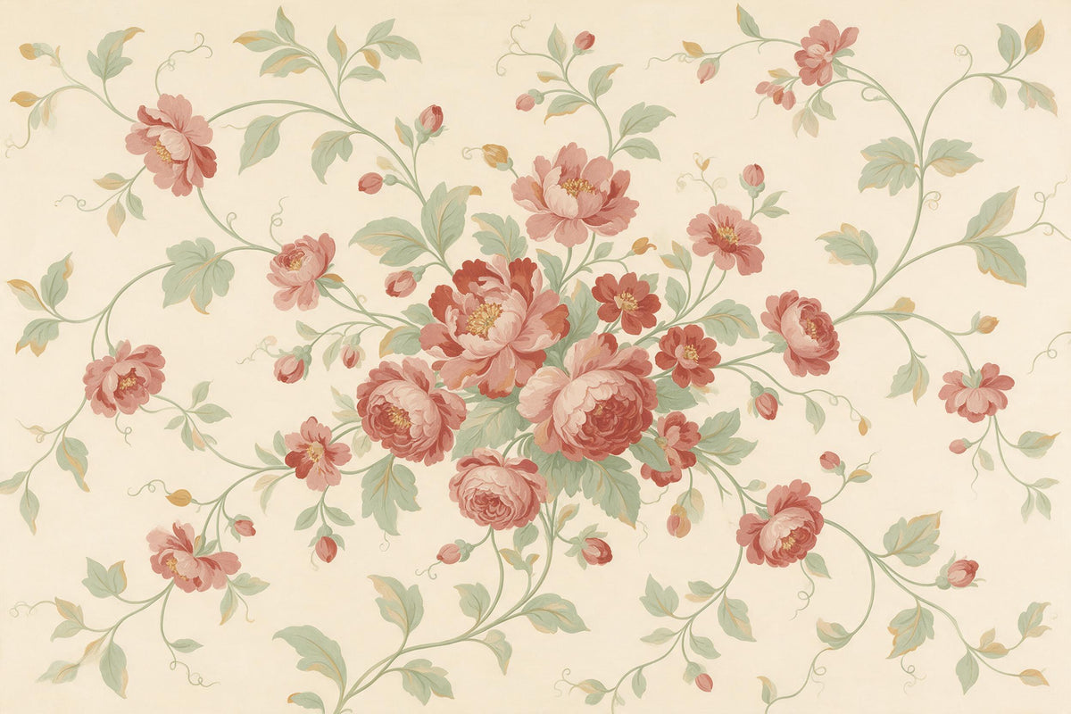 Chintz-Blumenstrauss mit Pfingstrosen mittig, Ranken auf Creme, als Wandtuch, auf Stoff gedruckt – Altrosa und Grün