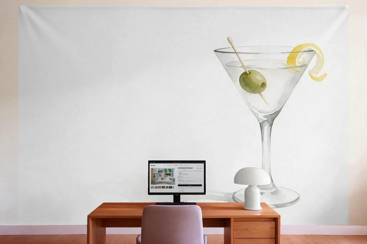 Wanddeko im Büro hinter dem Schreibtisch: Wandtuch Cocktailglas mit Olive, auf Stoff gedruckt
