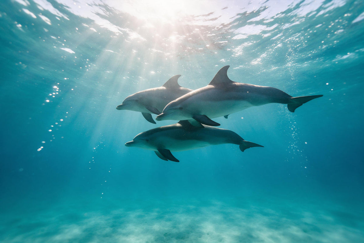 Trois dauphins glissent sous les rayons du soleil dans l'eau turquoise claire, tenture murale imprimée sur tissu – bleu aqua