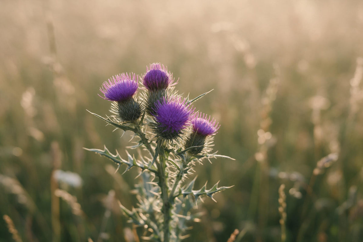 Violette Distelblüten mit stacheligen silbergrünen Blättern vor goldener Wiese, als Wandtuch, auf Stoff gedruckt – Violett