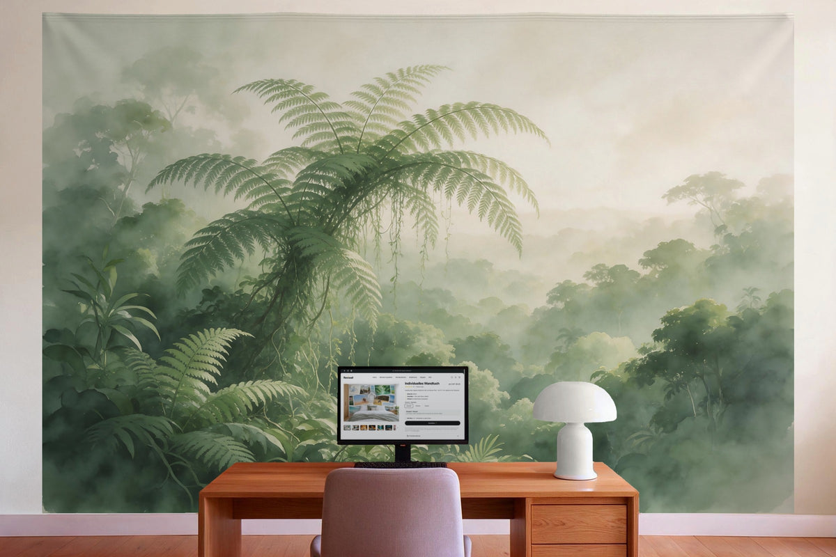 Wall decor in a home office behind the desk: printed fabric tapestry Jungle with Ferns and Vines