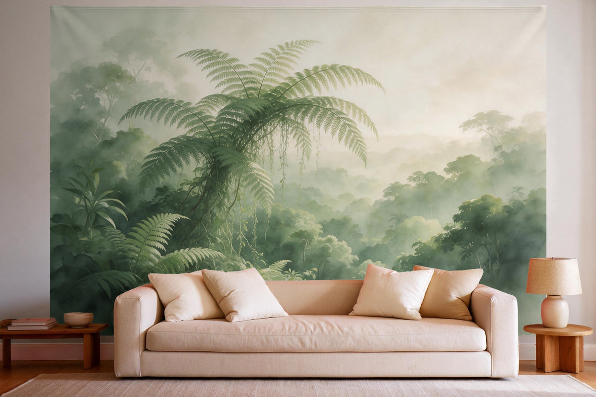 XXL wall tapestry Jungle with Ferns and Vines as wall decor in a bright living room above the sofa