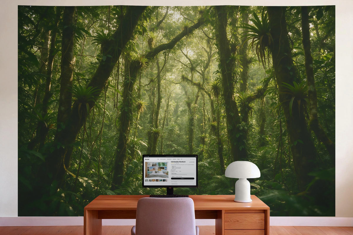 Wall decor in a home office behind the desk: printed fabric tapestry Jungle with Lianas and Bromeliads