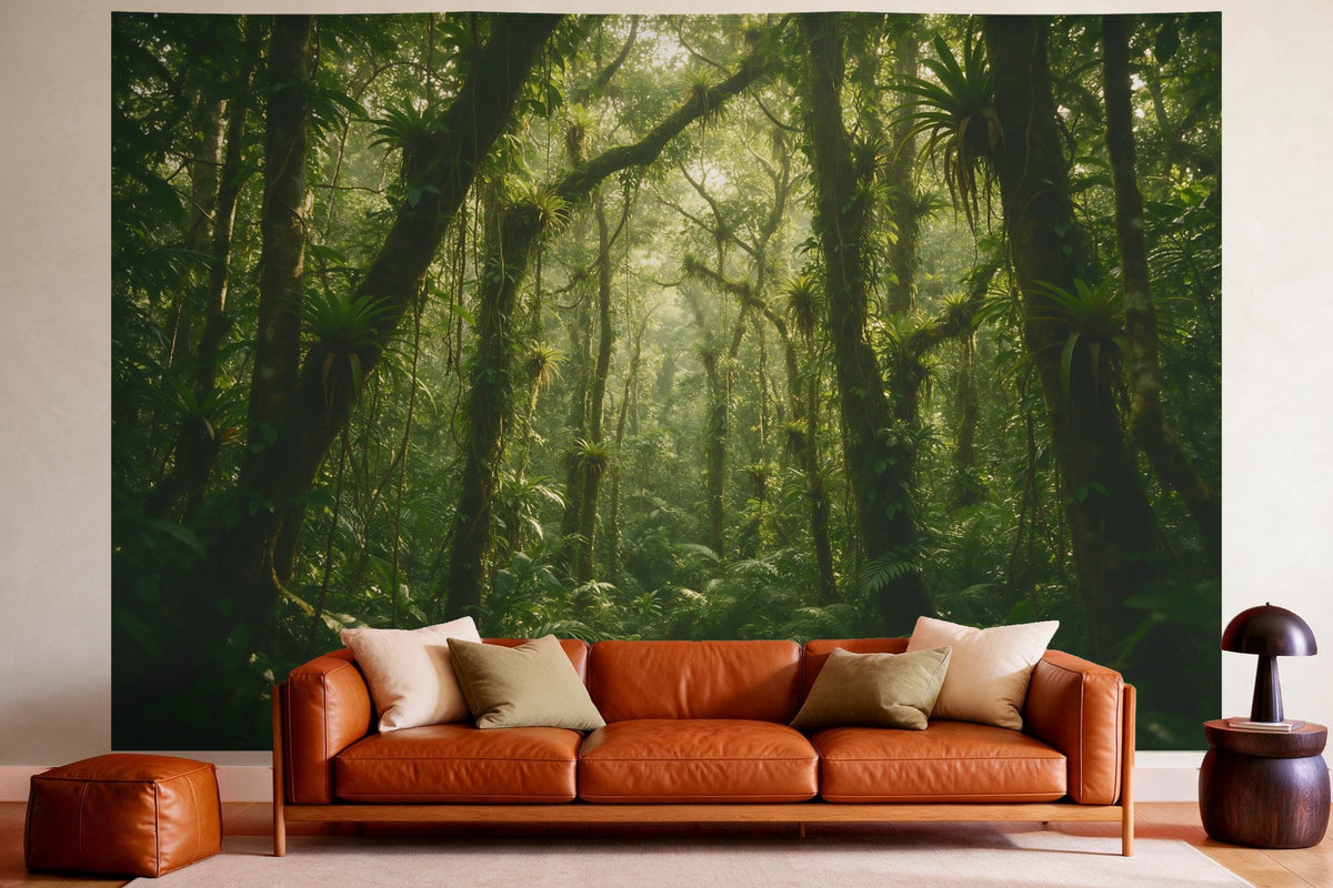XXL wall tapestry Jungle with Lianas and Bromeliads as wall decor in a cosy living room above the leather sofa