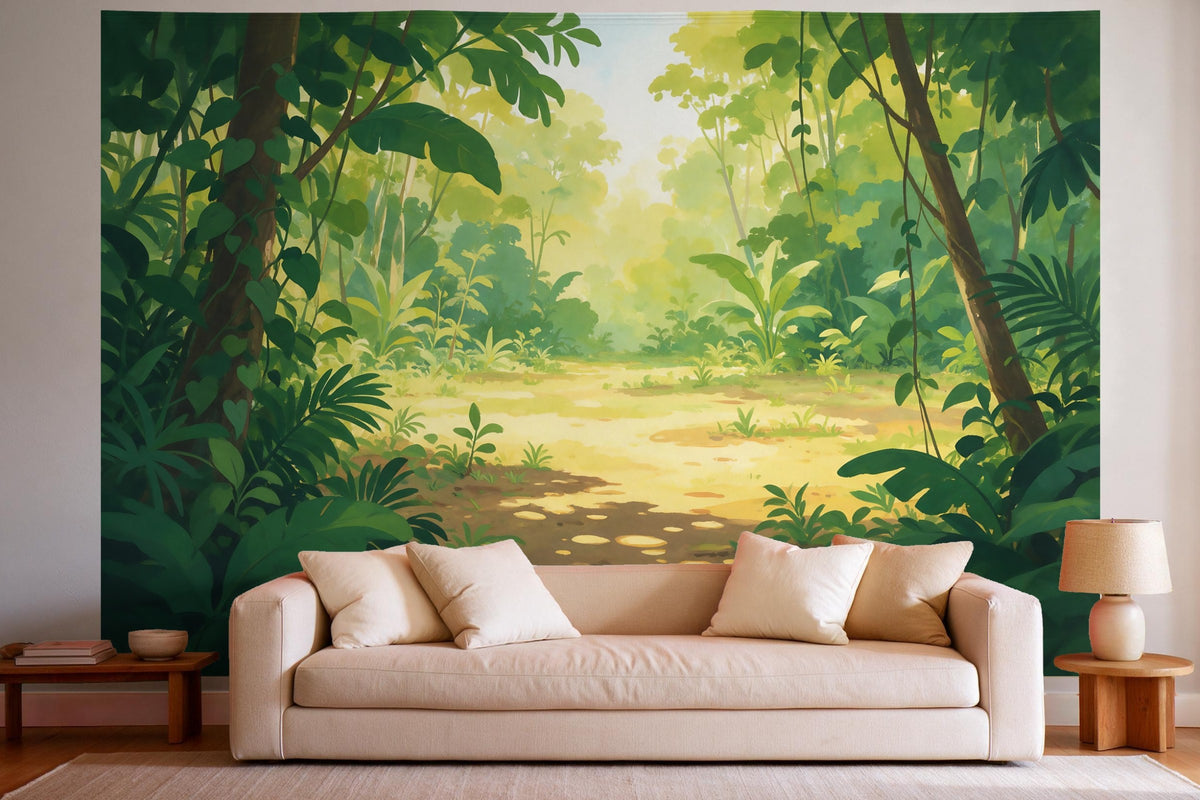 XXL wall tapestry Jungle Clearing in the Morning as wall decor in a bright living room above the sofa