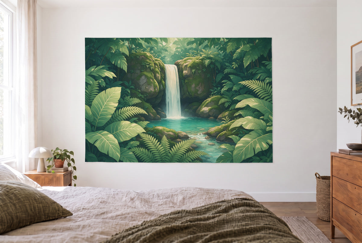 Wandtuch Dschungelwasserfall im hellen Schlafzimmer gegenüber dem Bett, rechts eine Holzkommode – Grün und Blau