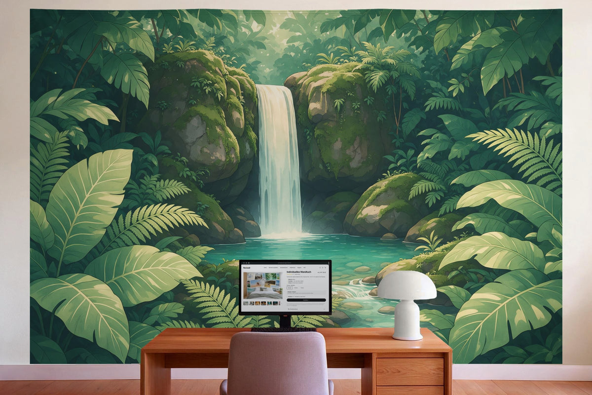 Déco murale dans le bureau derrière la table de travail : tenture murale Cascade de jungle en illustration, imprimée sur tissu