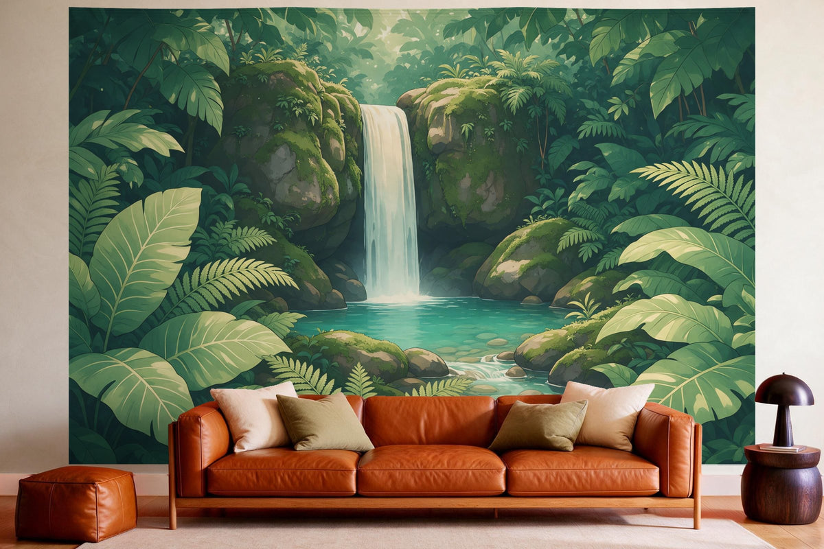 Tenture murale XXL Cascade de jungle en illustration en déco murale dans un salon chaleureux au-dessus du canapé en cuir