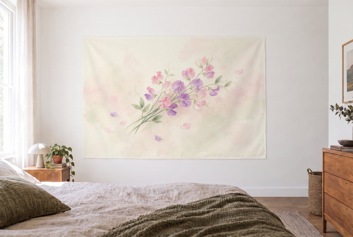 Sweet peas in watercolor tapestry in a bright bedroom opposite the bed, wooden dresser on the right – pink and violet