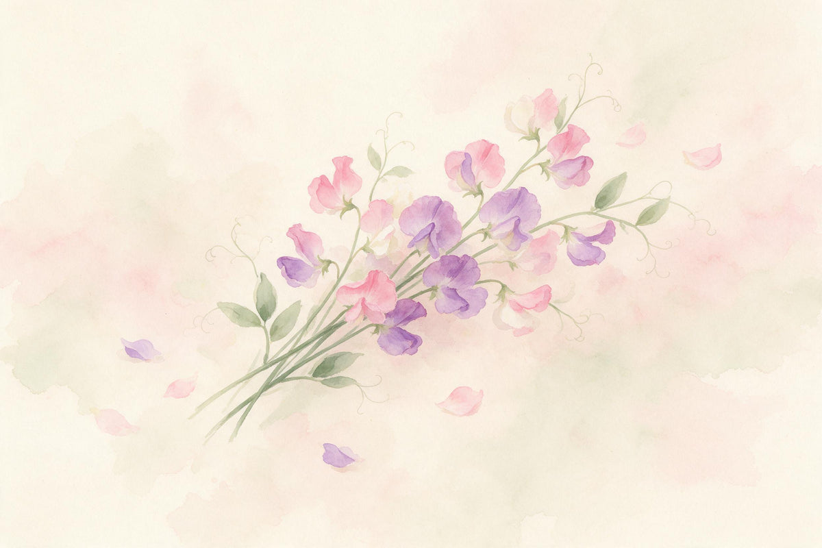 Loosely painted sweet peas in pink and violet on delicate stems on a cream ground, tapestry printed on fabric – sage green