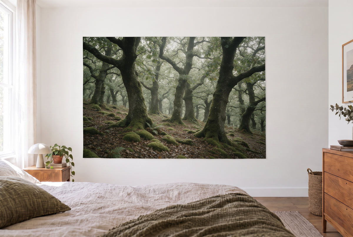 Wandtuch Eichenwald mit moosigen Stämmen im hellen Schlafzimmer gegenüber dem Bett, rechts eine Holzkommode – Grün und Braun