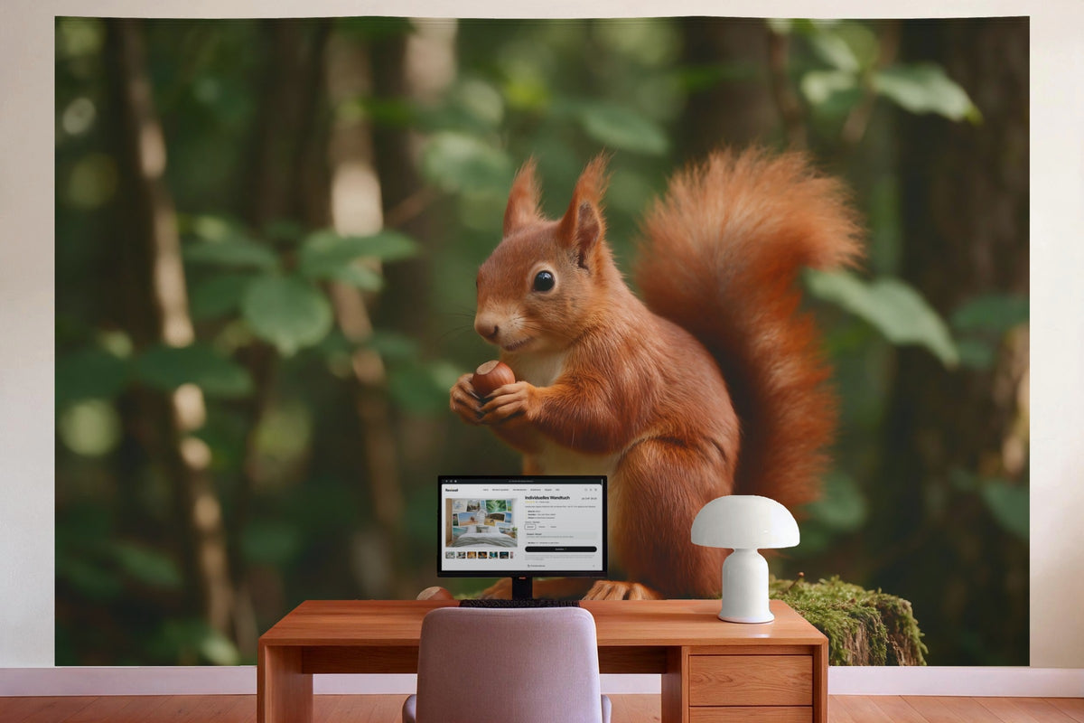 Wanddeko im Büro hinter dem Schreibtisch: Wandtuch Eichhörnchen mit Haselnuss, auf Stoff gedruckt