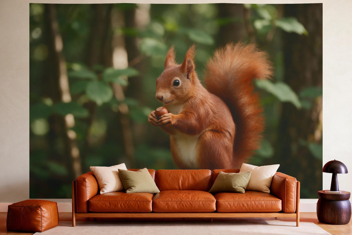 Wandtuch XXL Eichhörnchen mit Haselnuss als Wanddeko im gemütlichen Wohnzimmer über dem Ledersofa