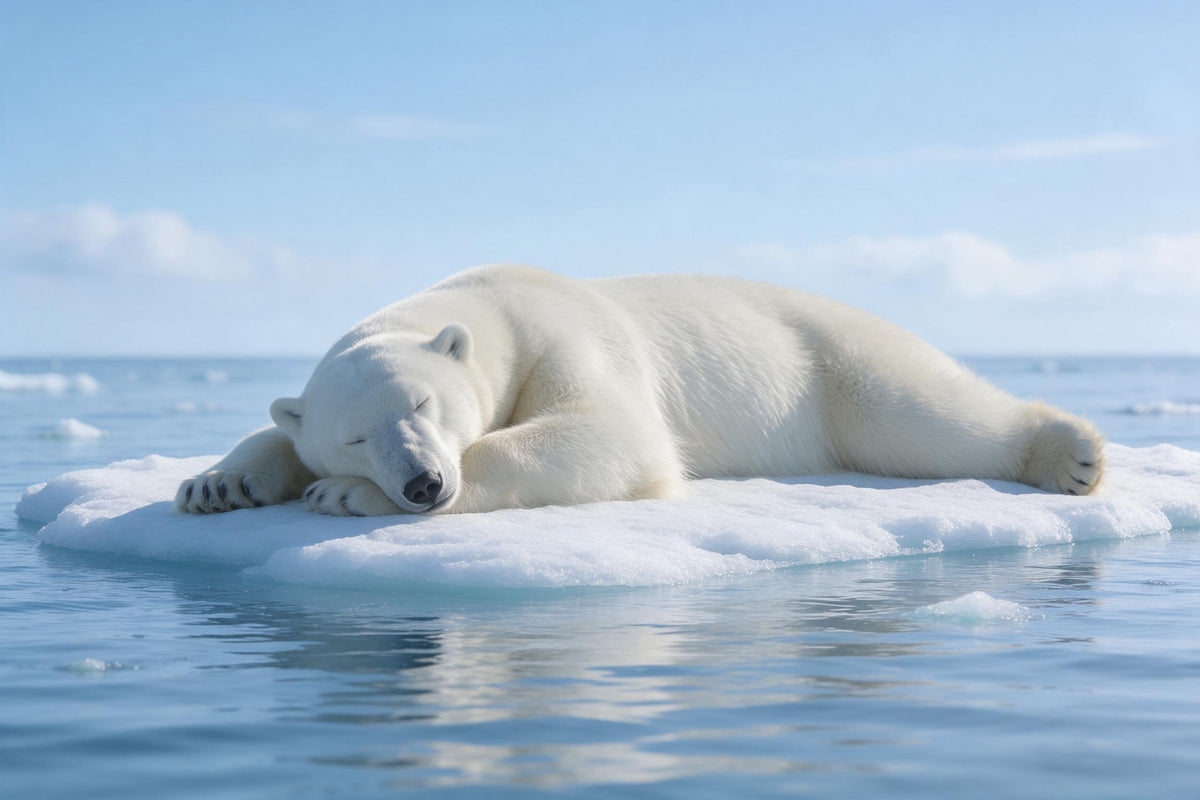 Schlafender Eisbär ausgestreckt auf flacher Eisscholle im ruhigen Polarmeer, als Wandtuch, auf Stoff gedruckt – Blau Weiss