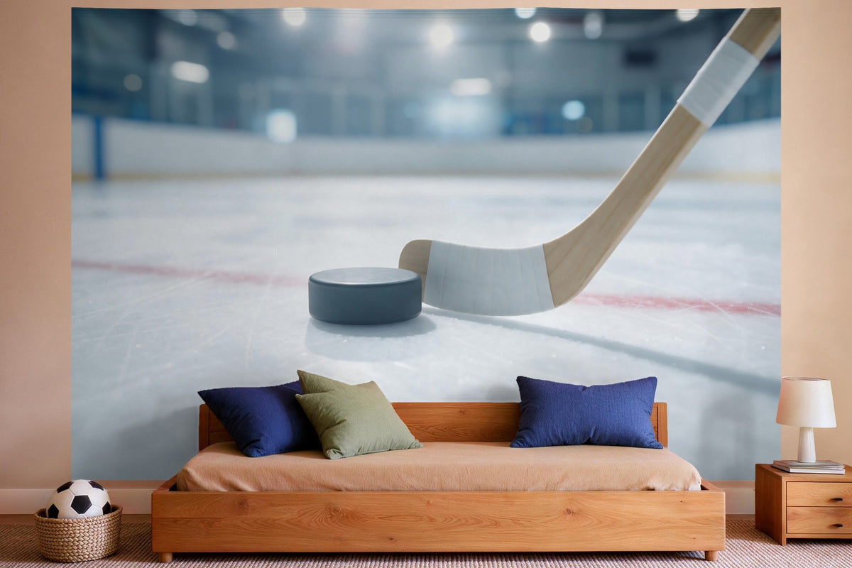 XXL wall tapestry Ice Hockey Puck on the Ice as wall decor in a boys' bedroom