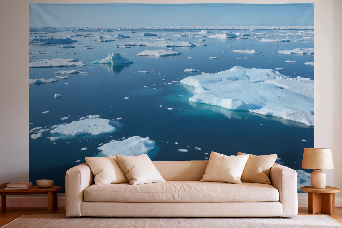 Tapiz de pared XXL Témpanos de hielo en el mar polar como decoración en un salón luminoso sobre el sofá