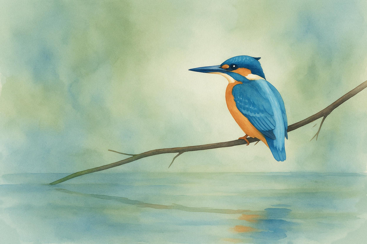 Martín pescador de plumaje azul en una rama fina sobre agua quieta, tapiz impreso en tela – azul y naranja