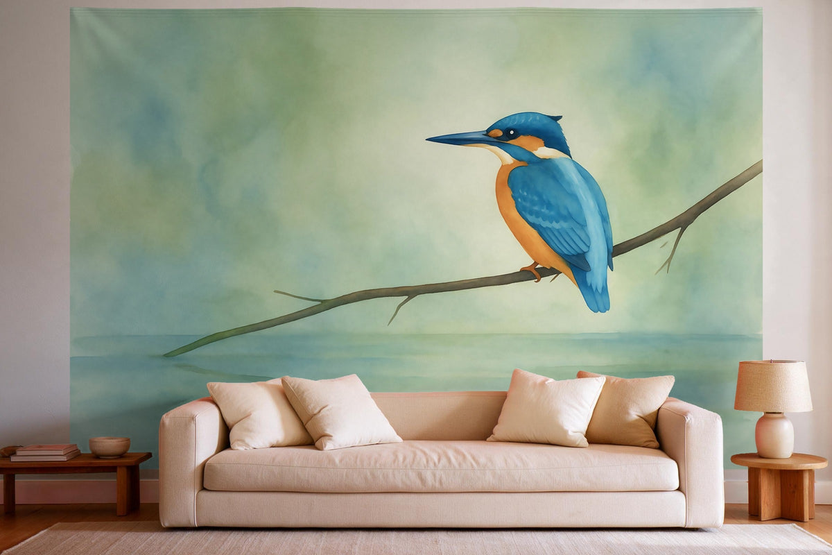 Tenture murale XXL Martin-pêcheur sur la branche en déco murale dans un salon lumineux au-dessus du canapé