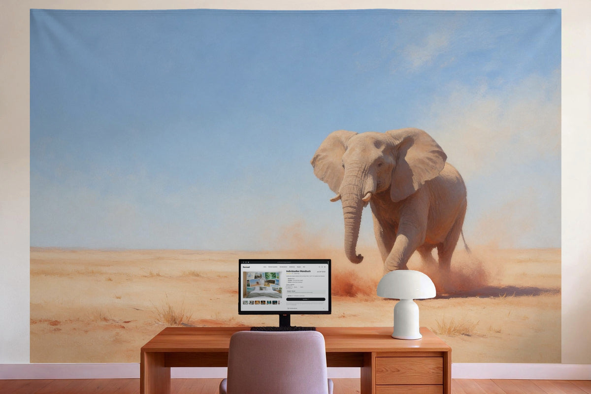 Decoración de pared en la oficina detrás del escritorio: tapiz de tela Elefante en el polvo rojo
