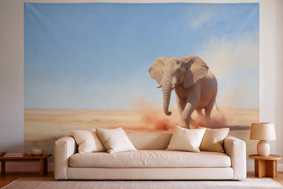 Tapiz de pared XXL Elefante en el polvo rojo como decoración en un salón luminoso sobre el sofá
