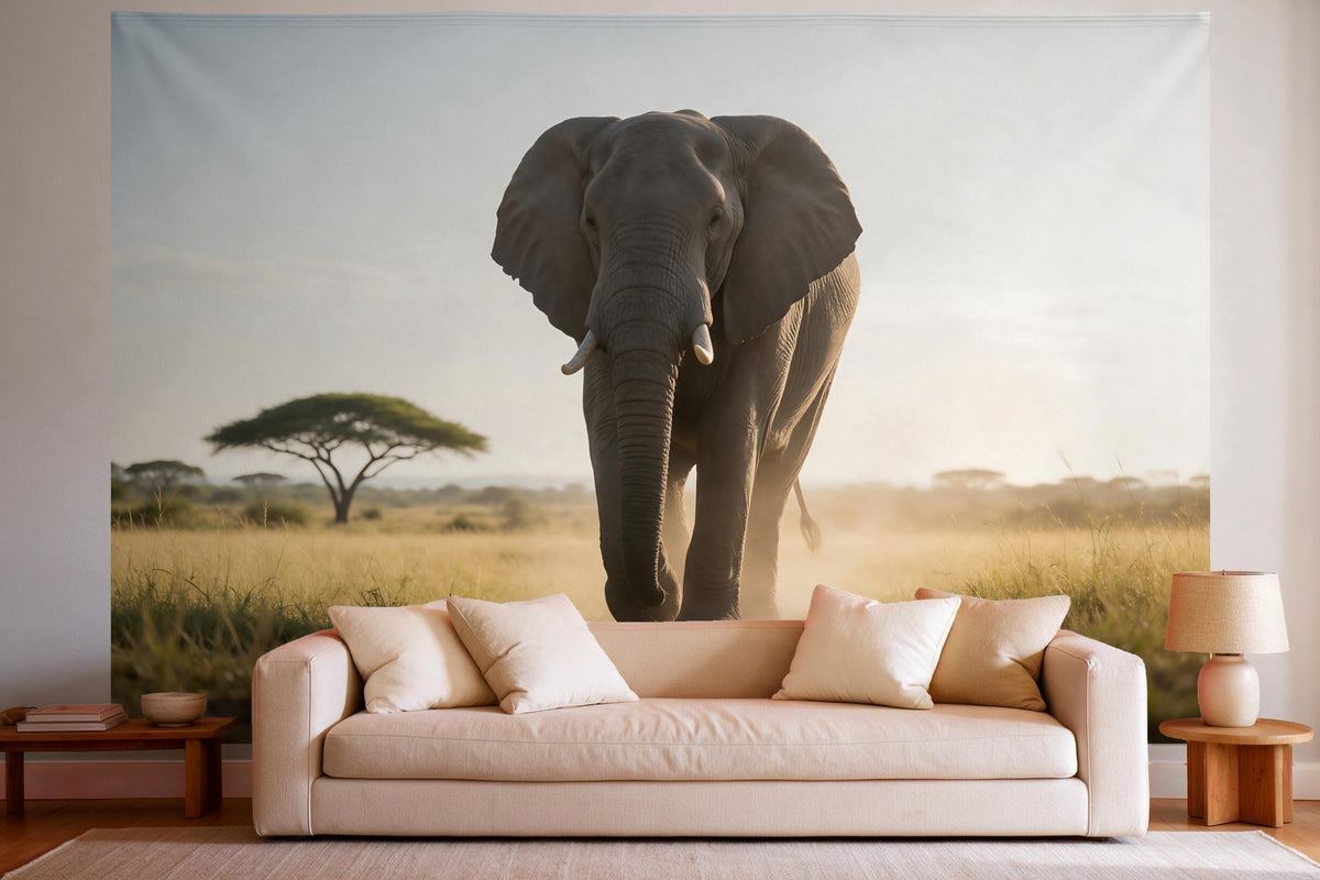 Tapiz de pared XXL Elefante en la sabana como decoración en un salón luminoso sobre el sofá