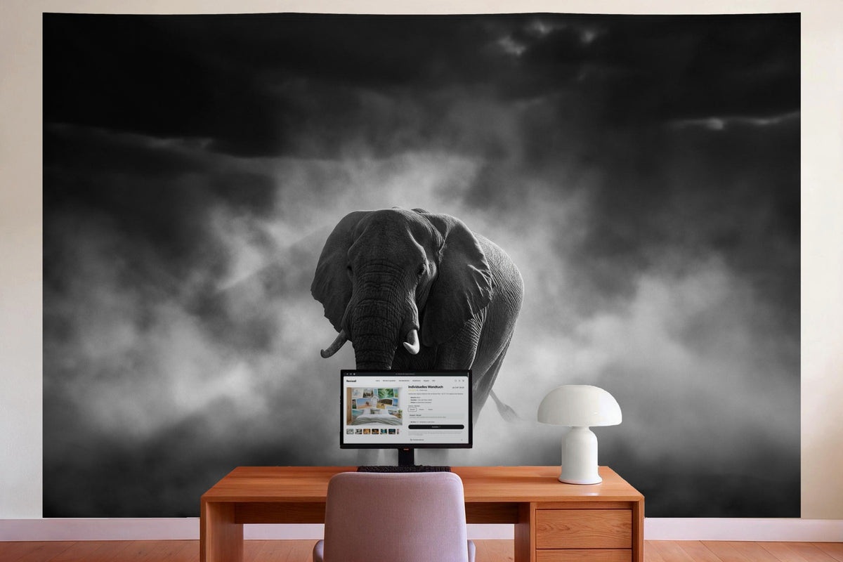Wall decor in a home office behind the desk: printed fabric tapestry Elephant in the Dust in Black and White