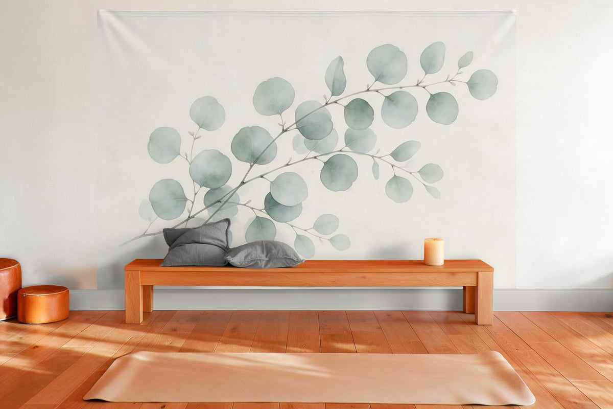 Decoración de pared en una sala de yoga: tapiz de tela Ramas de eucalipto en acuarela
