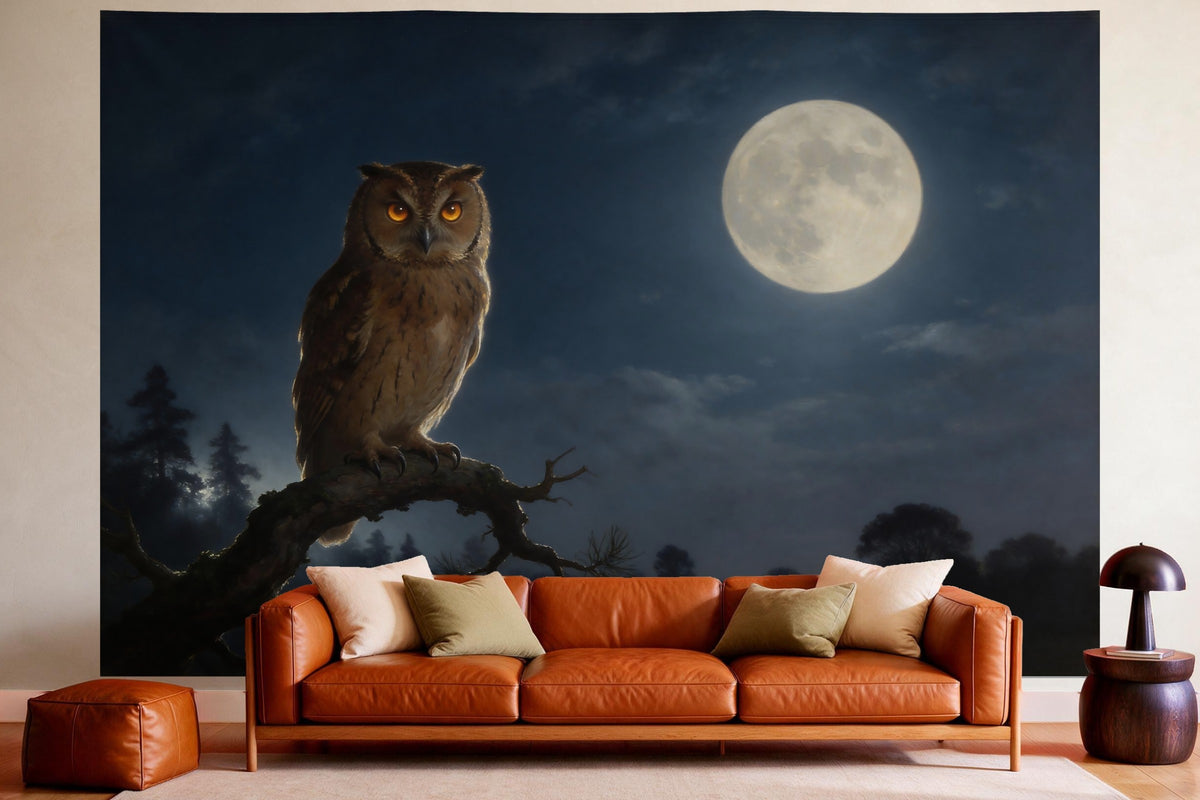 XXL wall tapestry Owl in Moonlight in Oil as wall decor in a cosy living room above the leather sofa