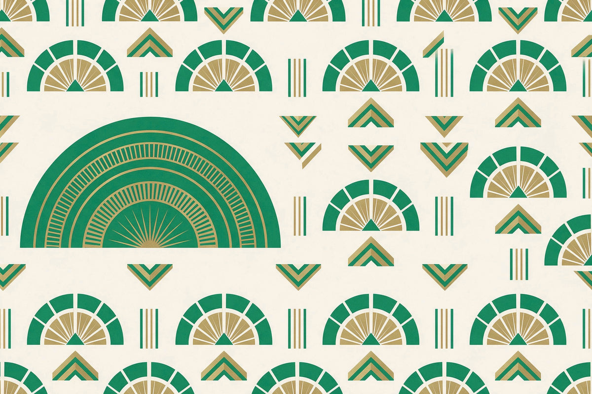 Fan pattern in Art Deco style with a large fan arch on the left and chevrons, tapestry printed on fabric – green, gold