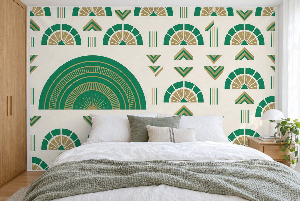 XXL printed fabric: large green fan arch on the left, small fans and chevrons, filling the wall behind the bed