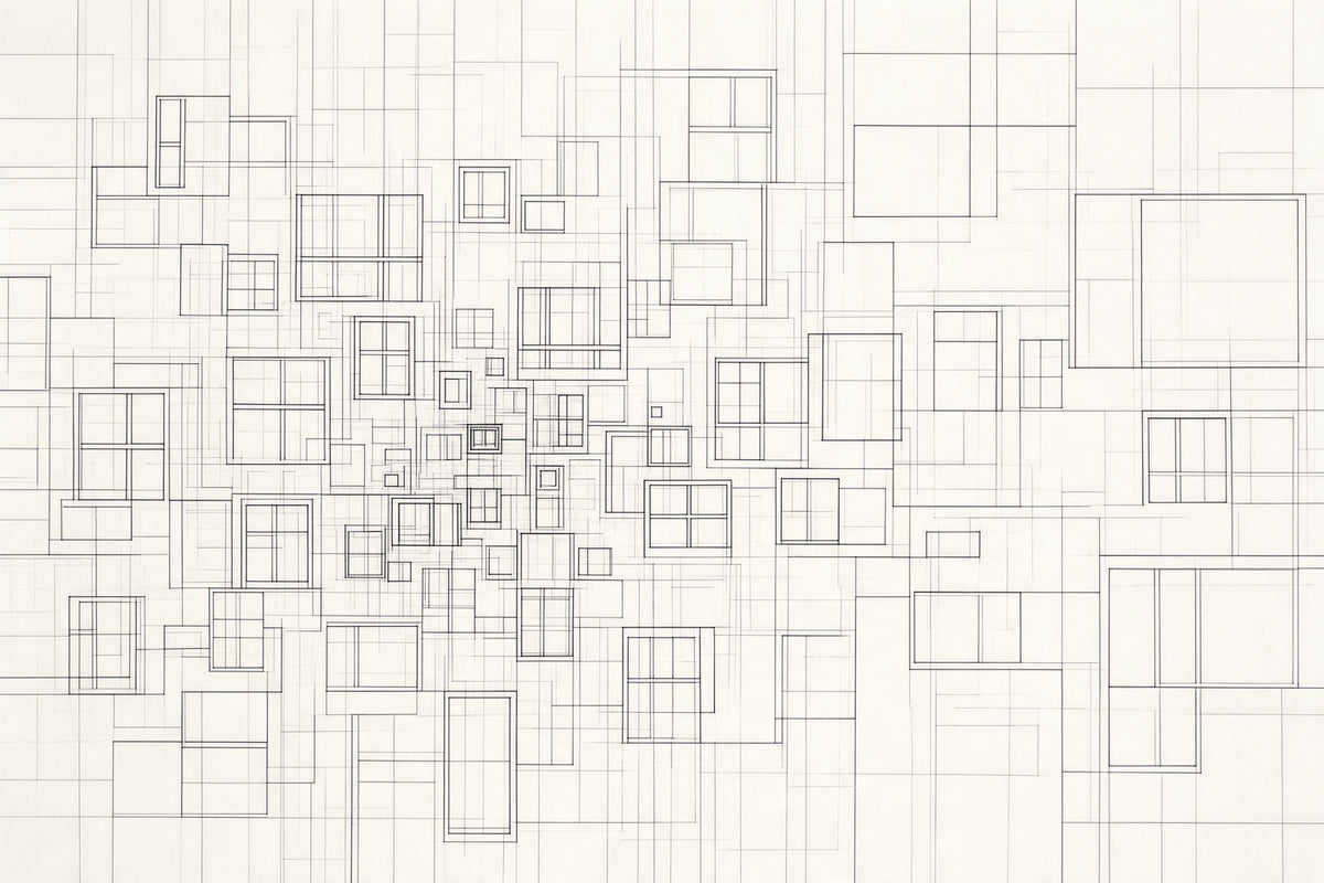 Fassaden-Geometrie aus feinen Linien mit dichten Fensterrastern links, als Wandtuch, auf Stoff gedruckt – Schwarz und Grau
