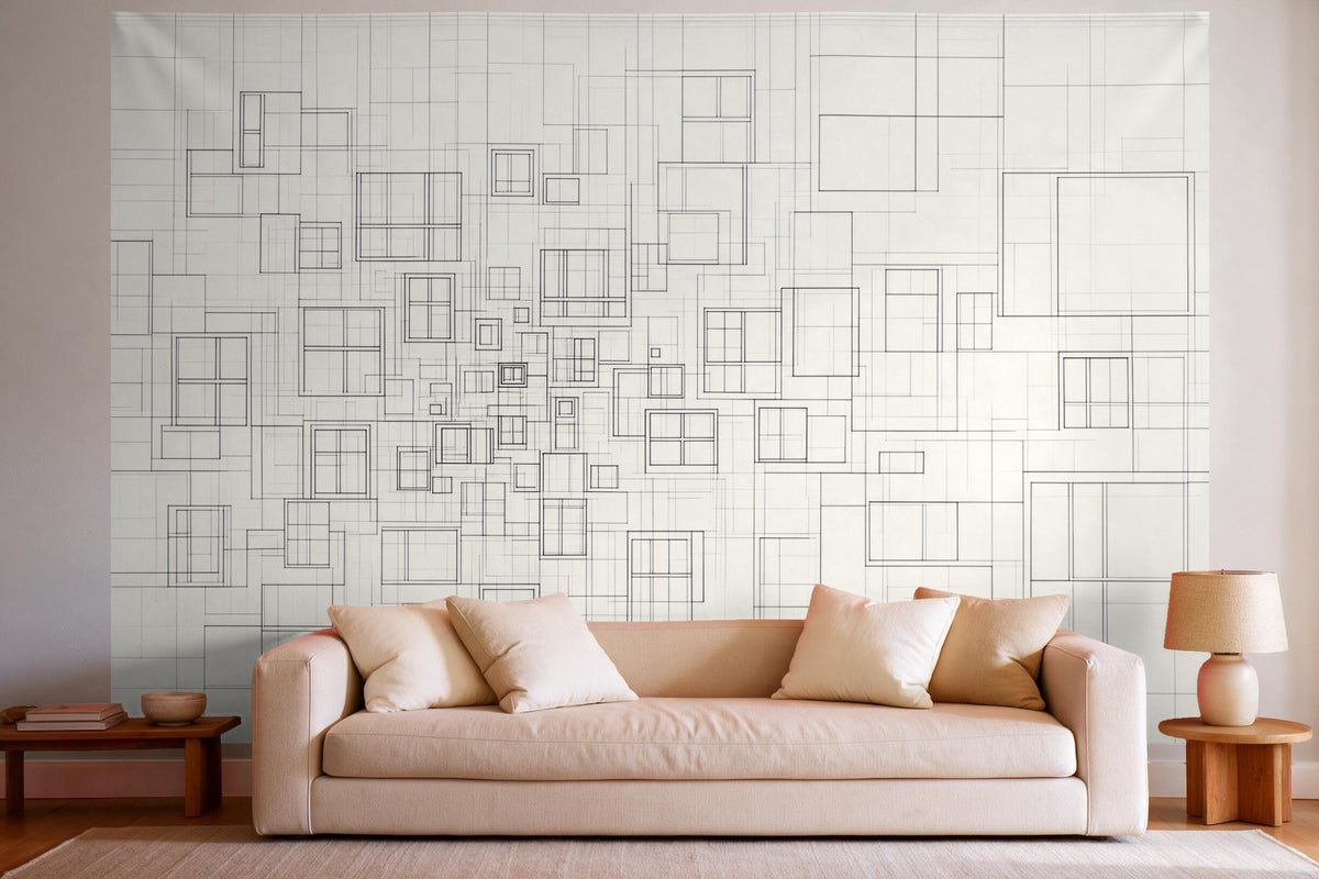 Déco murale dans un salon lumineux au-dessus du canapé : tenture murale Géométrie de façade en line art, imprimée sur tissu