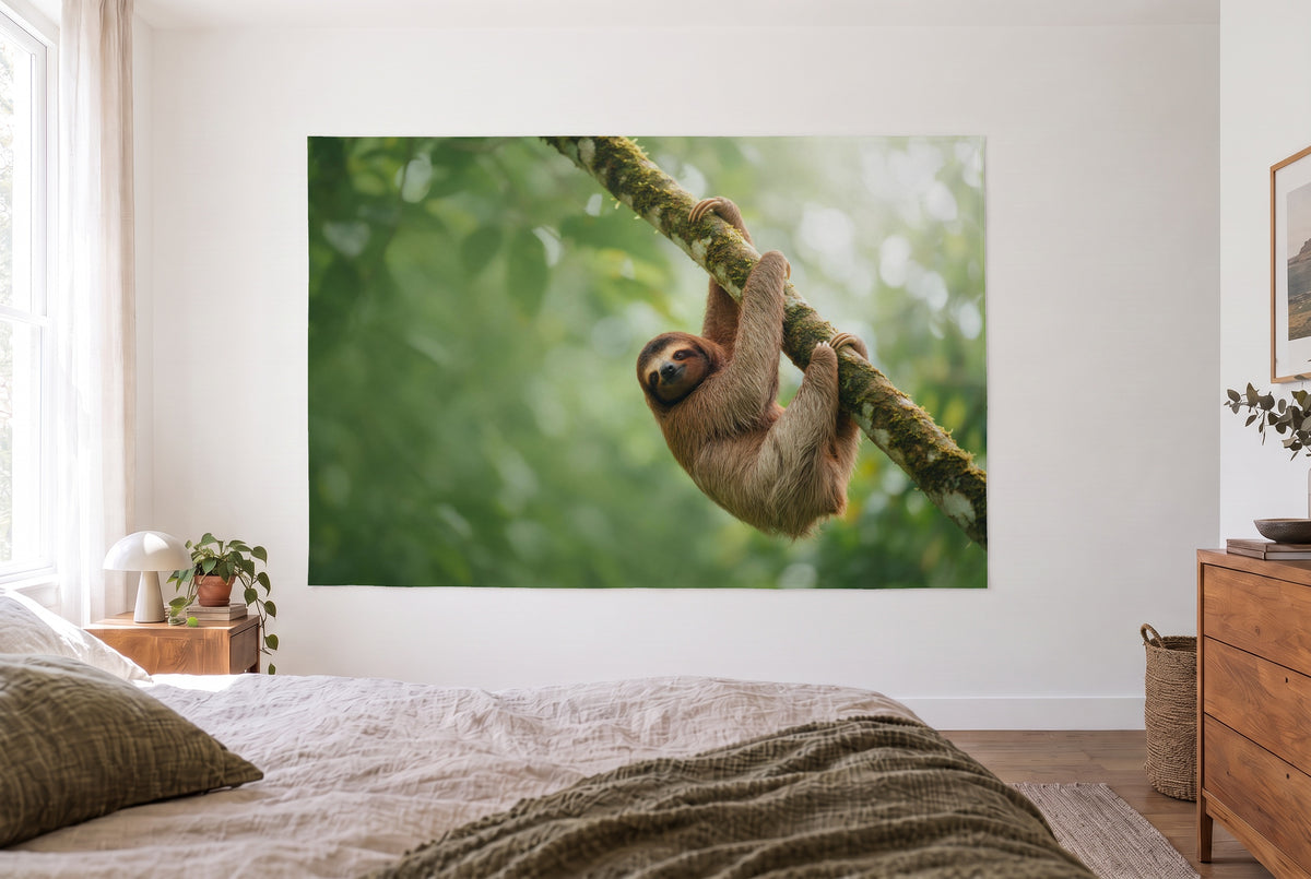 Wandtuch Faultier im Baum im hellen Schlafzimmer gegenüber dem Bett, rechts eine Holzkommode – Grün und Braun