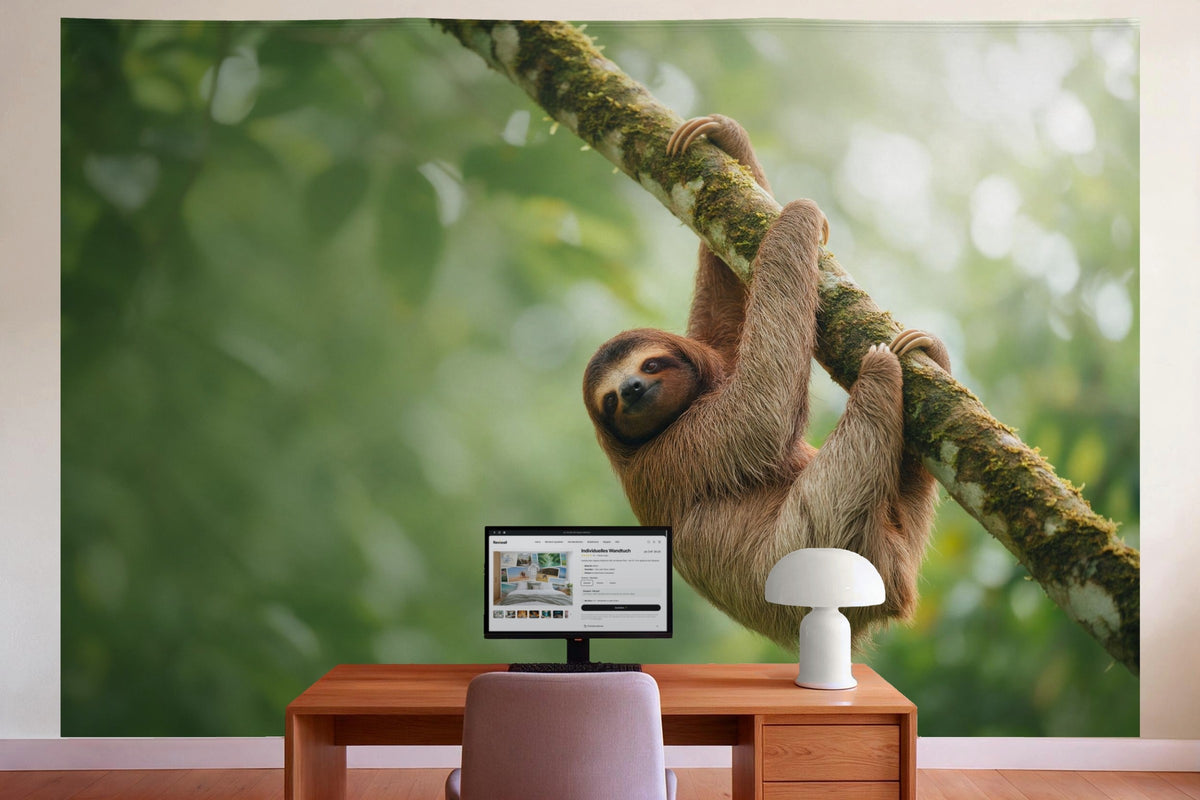 Déco murale dans le bureau derrière la table de travail : tenture murale Paresseux dans un arbre, imprimée sur tissu