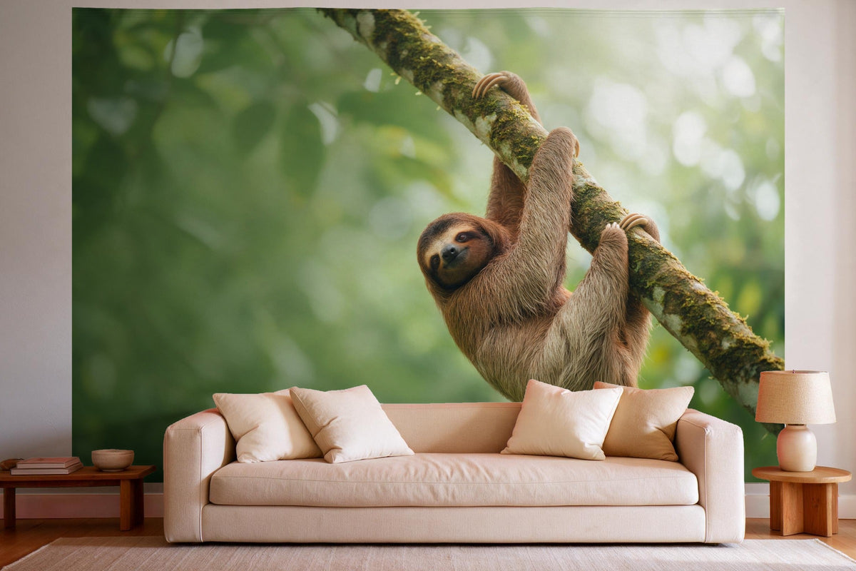 Tenture murale XXL Paresseux dans un arbre en déco murale dans un salon lumineux au-dessus du canapé