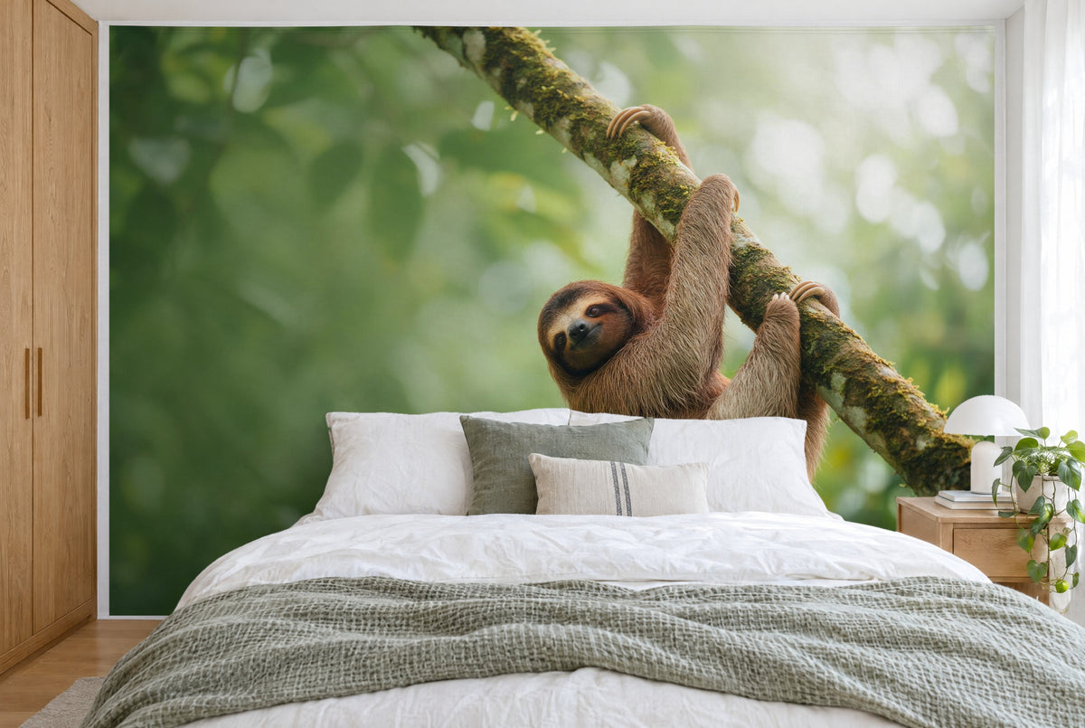 Bedruckter Stoff im XXL-Format: Faultier am moosigen Ast rechts der Mitte vor grünem Regenwald, wandfüllend hinter dem Bett