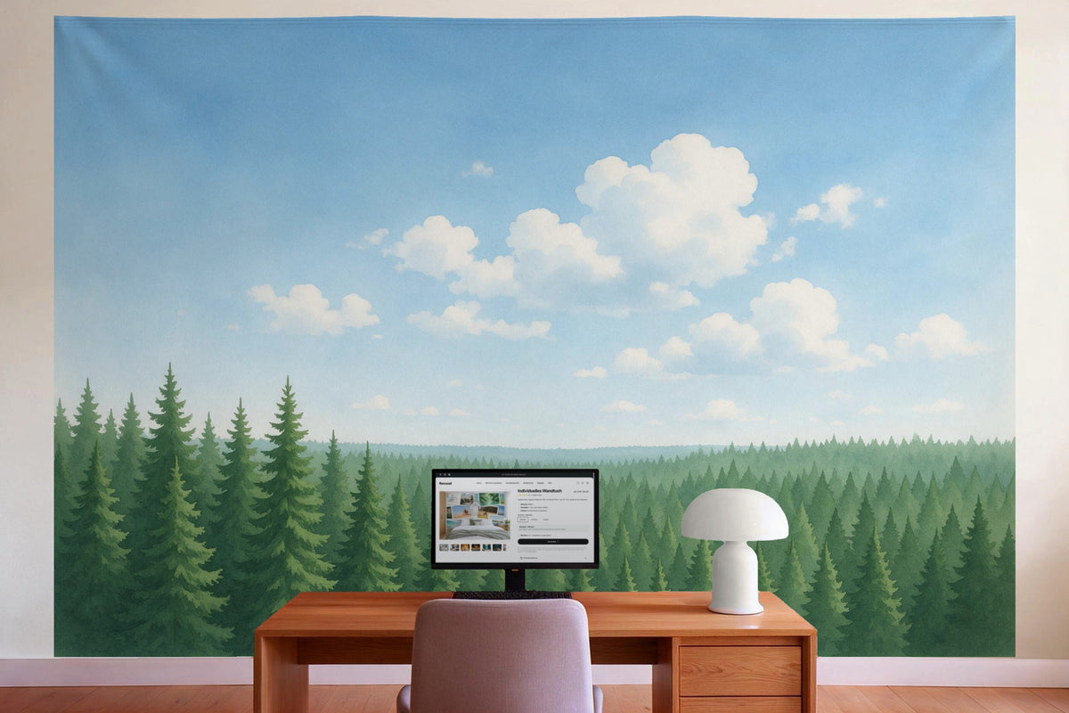 Decoración de pared en la oficina detrás del escritorio: tapiz de tela Bosque de abetos bajo cúmulos