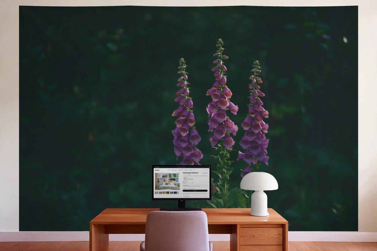 Wall decor in a home office behind the desk: printed fabric tapestry Foxglove on a Dark Background