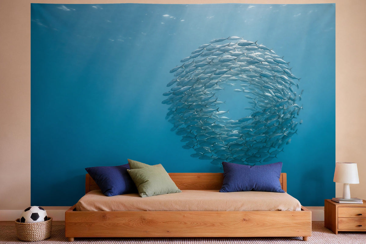 Wanddeko im Jungen-Kinderzimmer: Wandtuch Fischschwarm im blauen Meer, auf Stoff gedruckt