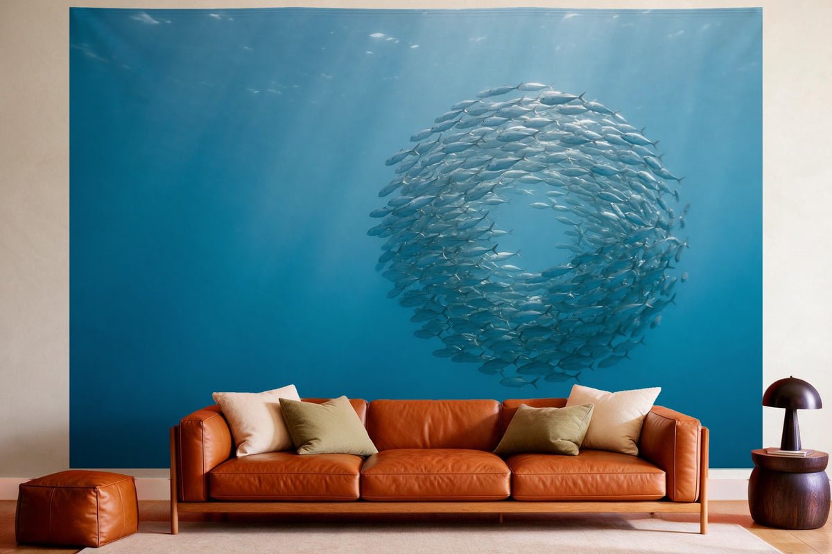 Wandtuch XXL Fischschwarm im blauen Meer als Wanddeko im gemütlichen Wohnzimmer über dem Ledersofa