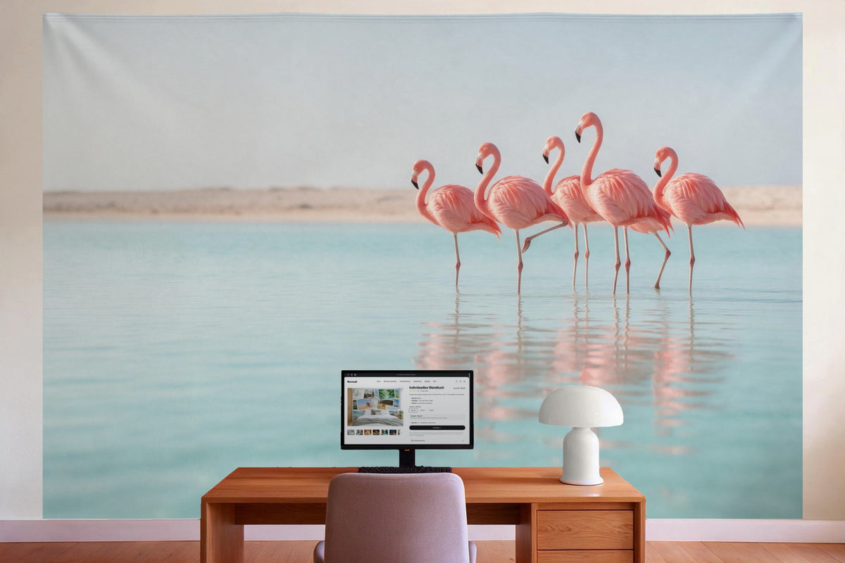 Wall decor in a home office behind the desk: printed fabric tapestry Flamingos in the Lagoon
