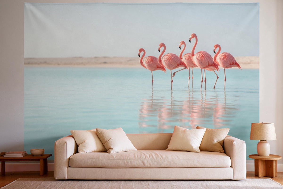 XXL wall tapestry Flamingos in the Lagoon as wall decor in a bright living room above the sofa